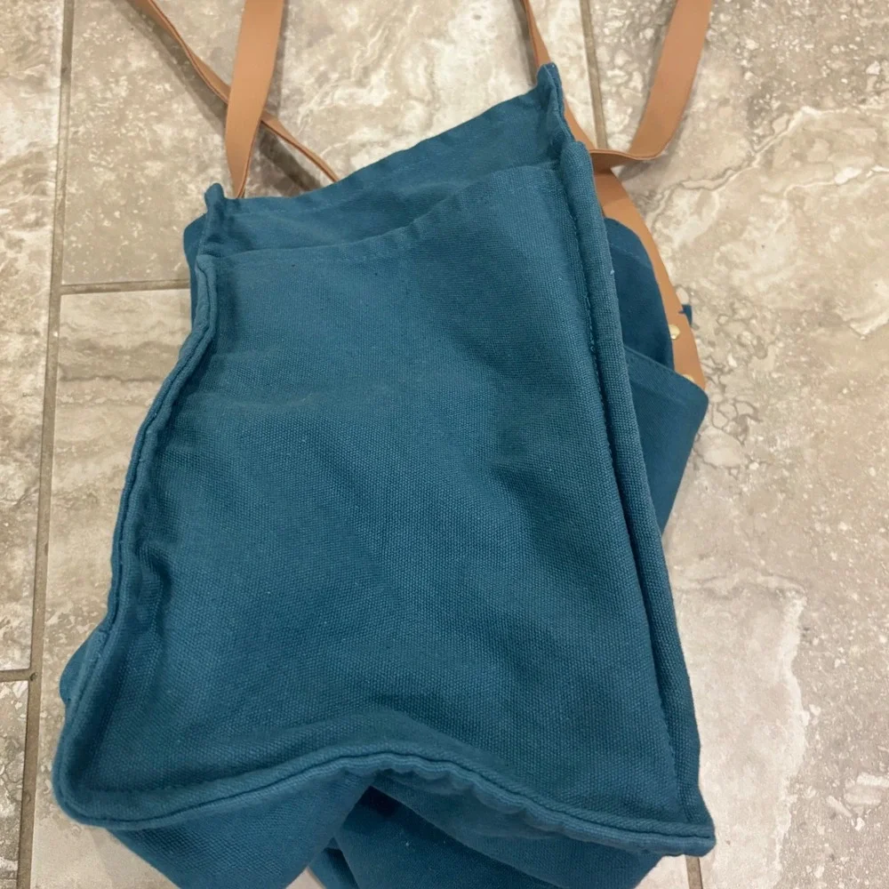 FEED Market Tote Bag Teal Blue Canvas Tan Straps Provides 3 Meals Grocery Bag